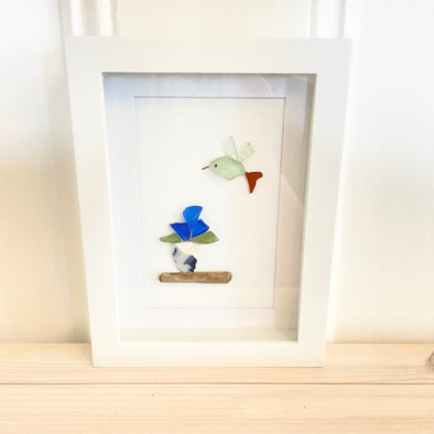 Hummingbird & Plant Beach Glass art