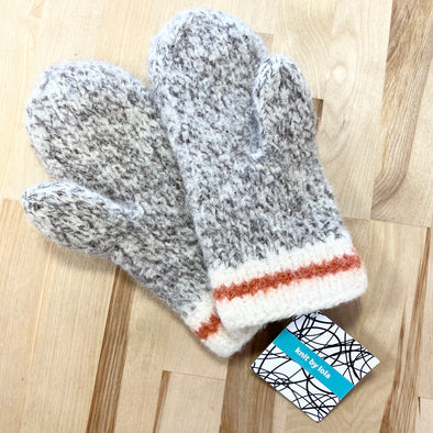 Felted Wool Mittens - Grey with white/red cuff