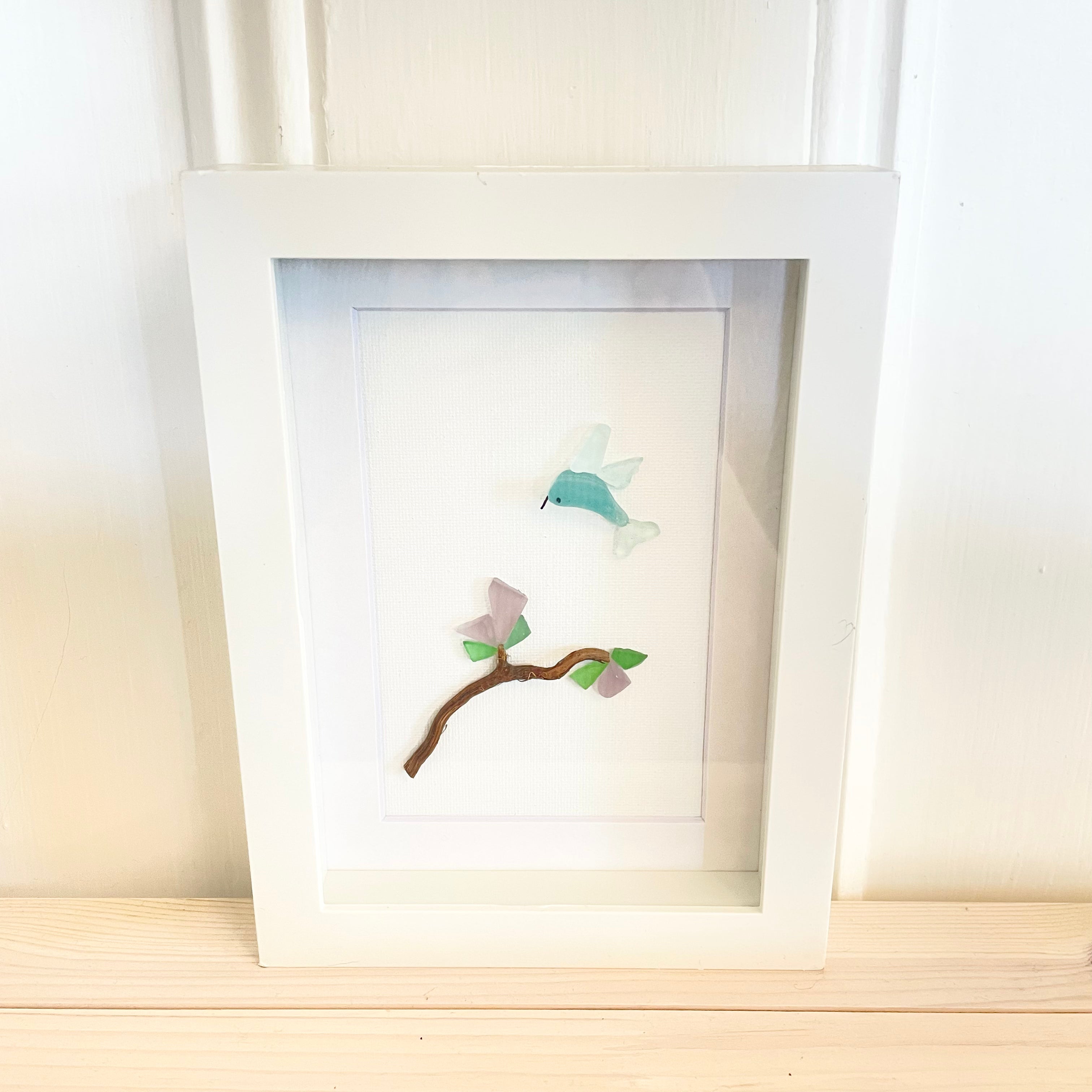 Hummingbird Branch Beach Glass art