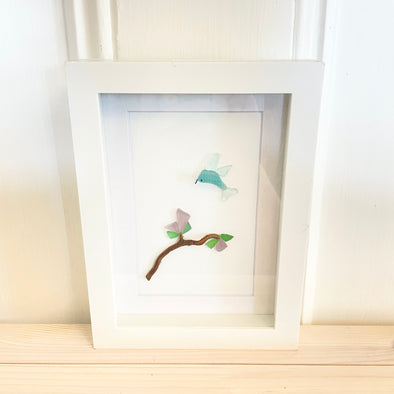 Hummingbird & Branch Beach Glass art