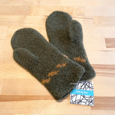 Felted Wool Mittens - Olive Green Brown Detail