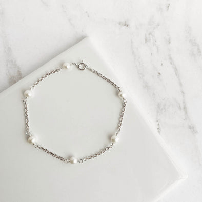 Silver Six Gemstone Bracelet - Pearl