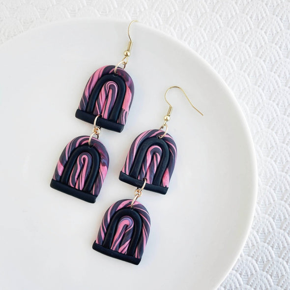 Arch Earrings - Black and Pink Marble