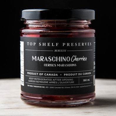 190 ml glass jar of maraschino cherries made my Top Shelf Preserves. 